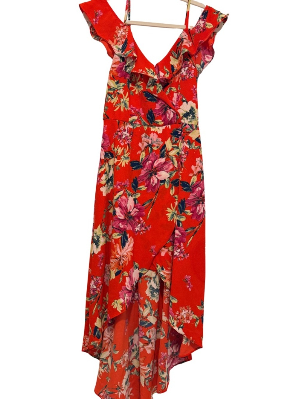 I.N. San Francisco Bright Red Floral Faux Wrap Flowy Dress Small NWT - Picture 5 of 11